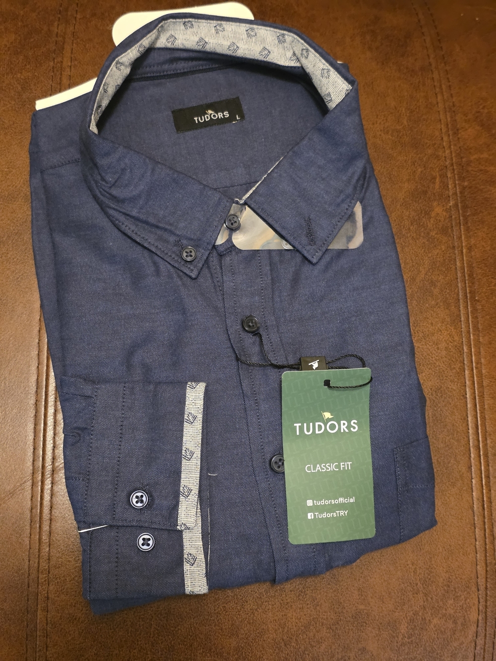 Tudors Classic Fit Navy Dress Shirt with Contrast Trim